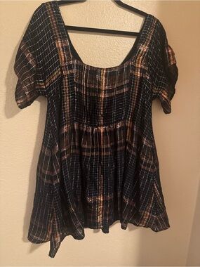 Free People Black Plaid Metallic Peplum Tunic
